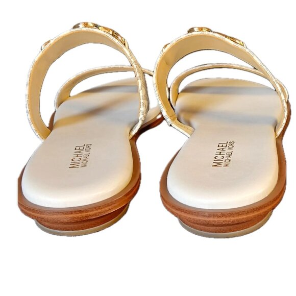 SOLD Michael Kors Wm Sz 8 SlipOn Flat Sandal Ivory Tan Logo Leather Gold Logo - Picture 4 of 14